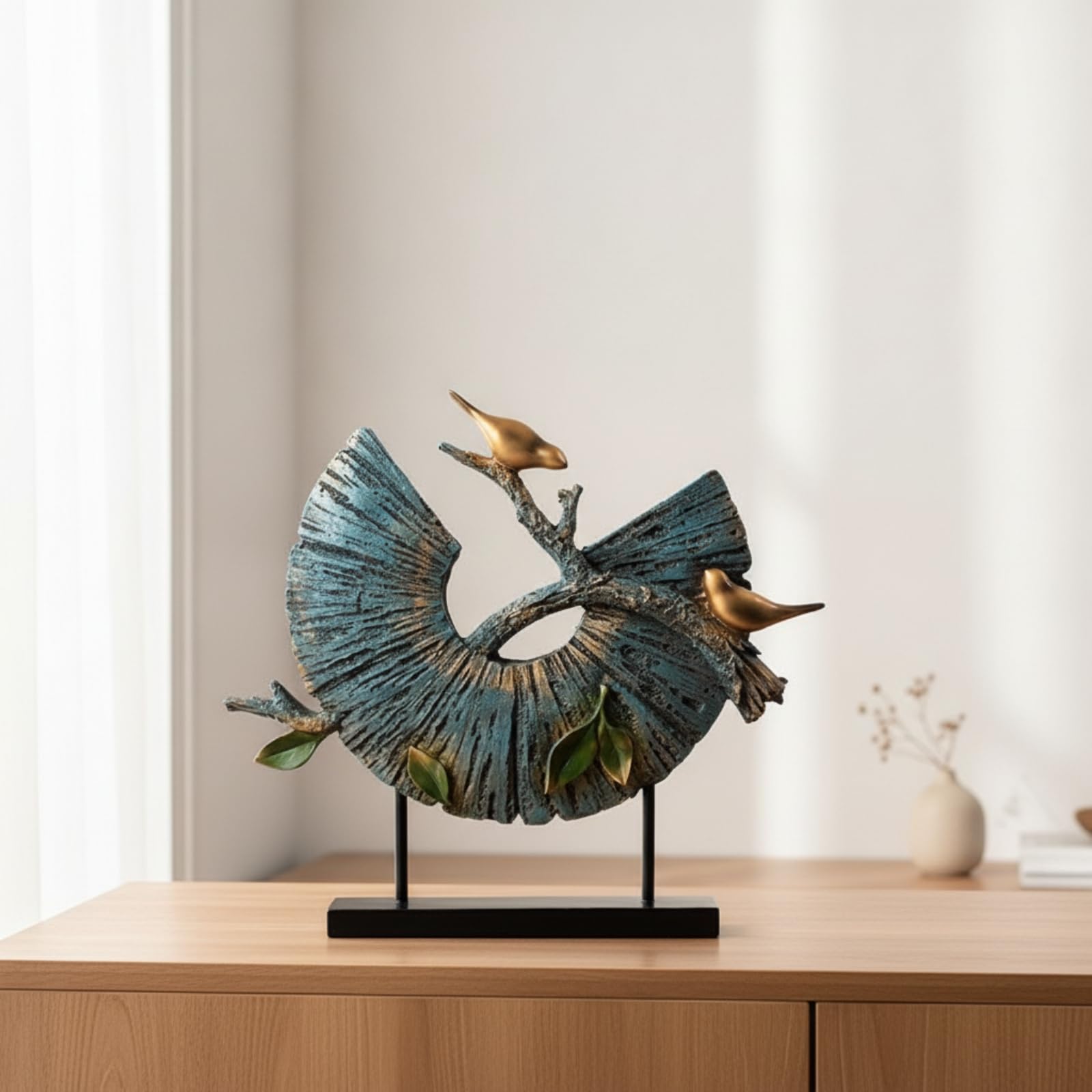 Scultura da Tavolo Astratto Scultura con Uccelli Dorato Statuetta Non Rappresentativa per Consolle, Ingresso