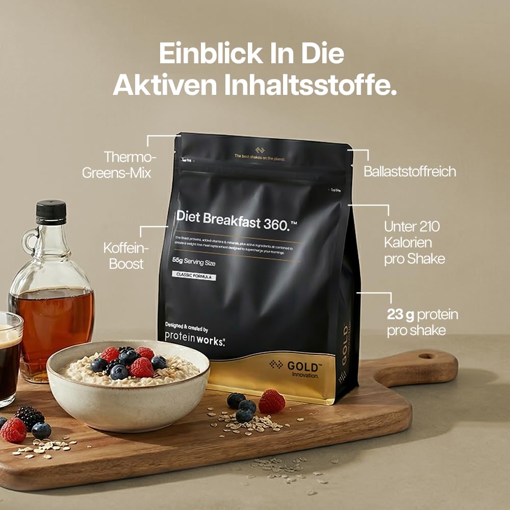 Protein Works | Diet Breakfast 360 - Gold, Sommerbeeren, 36 Portionen, 2kg | Diät-Mahlzeitenersatz, Abnehmen Shake, Gewichtsverlust, mit Koffein, grünem Tee, Yerba Mate, 24 Vitamine & Mineralstoffe