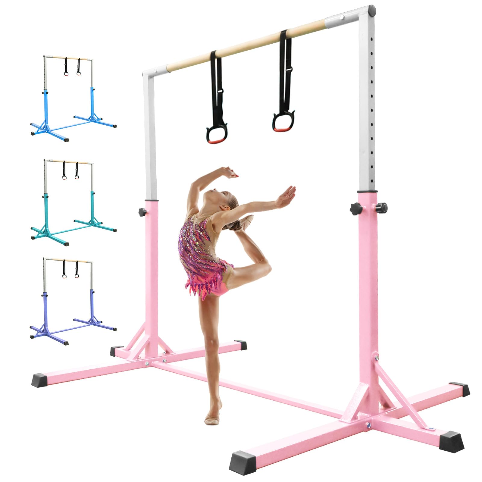 FBSPORT Barra de Gimnasia para Niños Barra Horizontal de Gimnasia con 13 Altura Ajustable de Barra de Entrenamiento con Anillos de Gimnasia Barra de Entrenamiento de Gimnasia expandible Junior Rosa