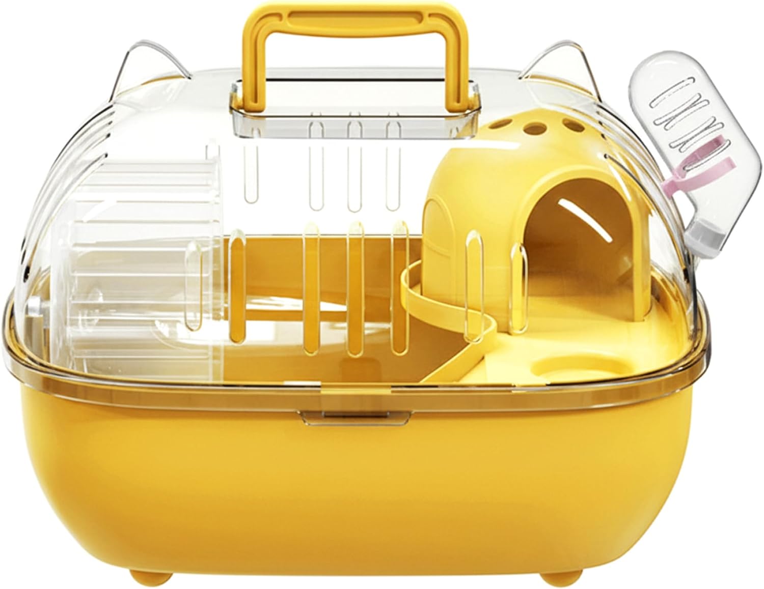 Hamster Carrier - Portable Hamster Travel Cage with Running Wheel, Hideout, Water Bottle & Handle for Small Animals, 360° Transparent View Yellow, Decoración del jardín
