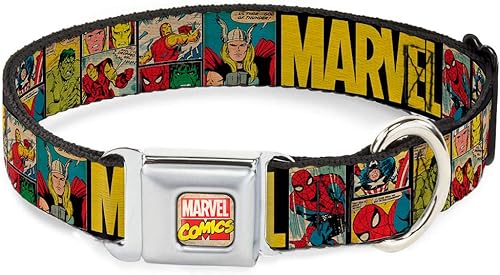 Collar de perro con hebilla para cinturón de seguridad paneles de cómic retro de Marvel negro y amarillo disponible en tamaños ajustables para