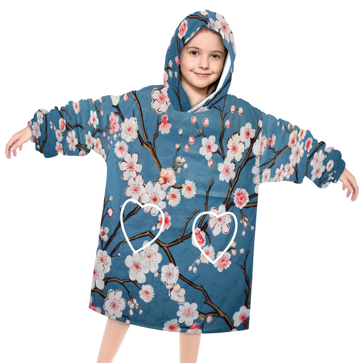 Pardick Wearable Blanket Hoodie for Kids, Pretty Cherry Fleece Sweatshirt Blanket Oversized Blanket Sweatshirt with Pocket Flannel Warm Hooded Blanket 6-10 Year Old Girl Boy Gift, One Size