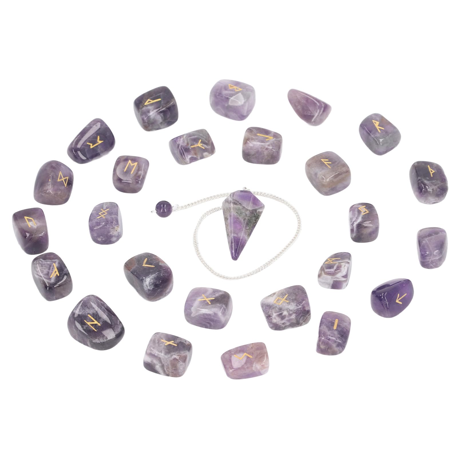 Juego de 25 Piedras Rúnicas de Cristal con Símbolos Grabados, Péndulo de Cristal y Bolsa de Almacenamiento para Adivinación, Meditación, Curación de Chakras y Conexión Espiritual (Amatista