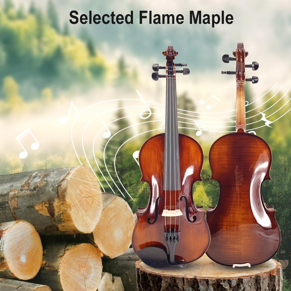 Vetimobato Kit complet de violon 4/4 fait à la main – Dos et éclisses en érable massif avec étui de rangement, archet, repose-épaules et cordes pour joueurs débutants (marron foncé, 4/4)