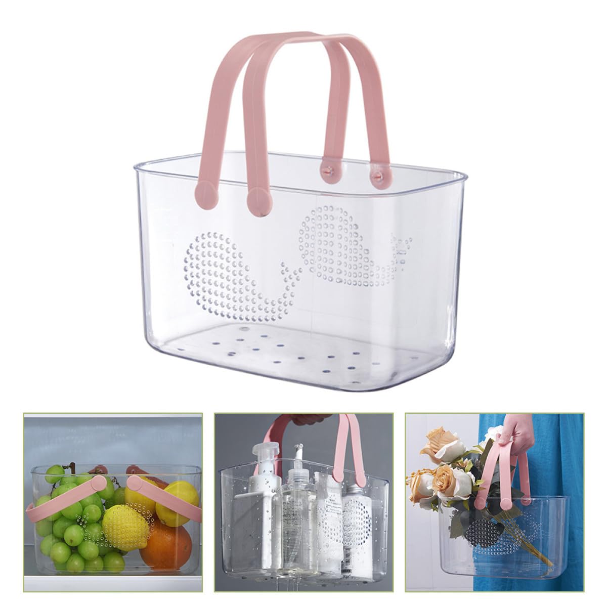 Cesta de Ducha de Plástico Transparente Rosa Cesta Organizadora Portátil con Asa de Almacenamiento Grande para Baño Drenaje Rápido para Artículos de Tocador y Uso Doméstico