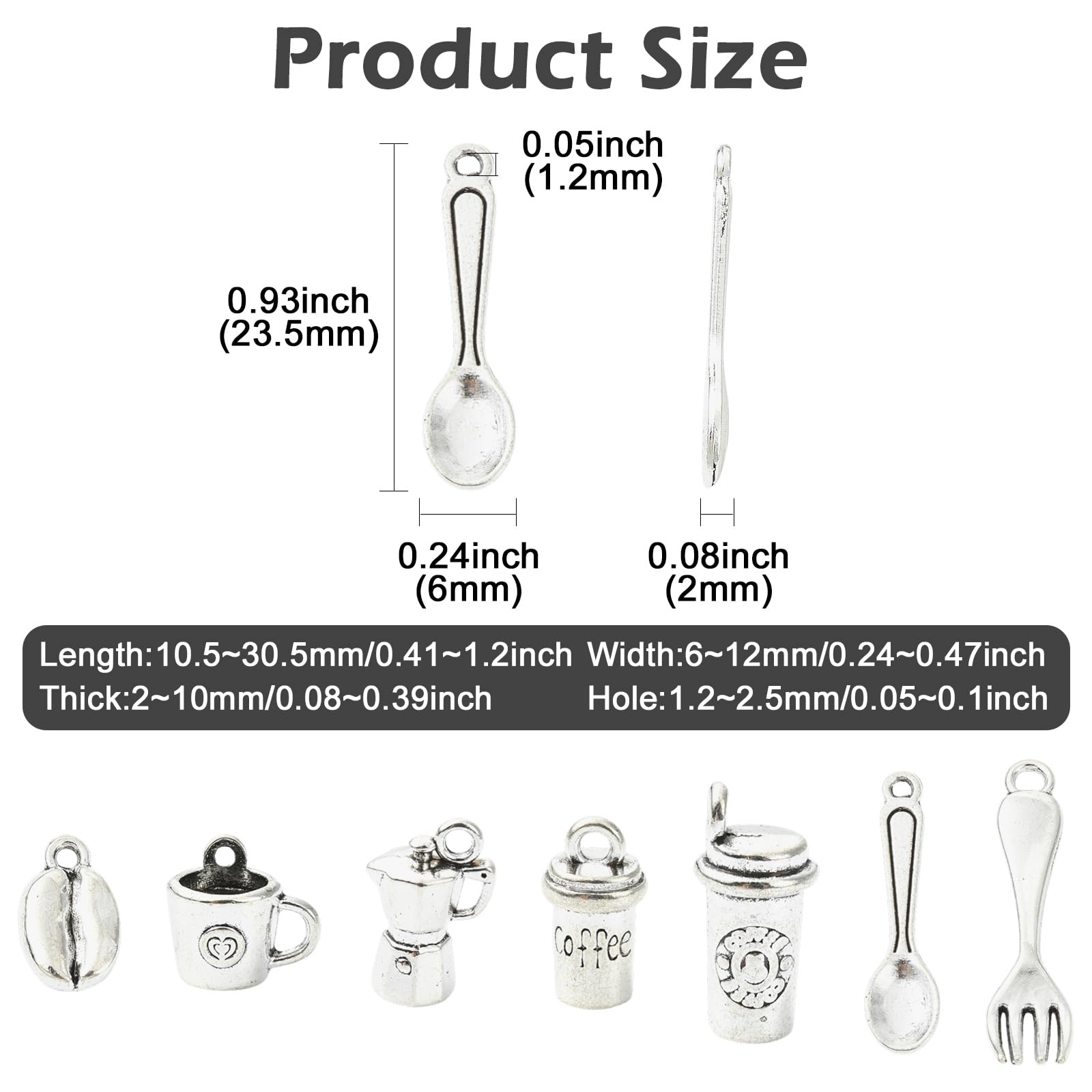 Stiesy 70Pcs Antique Silver Coffee Cup Charms Coffee Bean Tibetan Pendants Vintage Spoon Fork Charm Bulk for Jewellery Bracelet Making DIY Craft - Image 2
