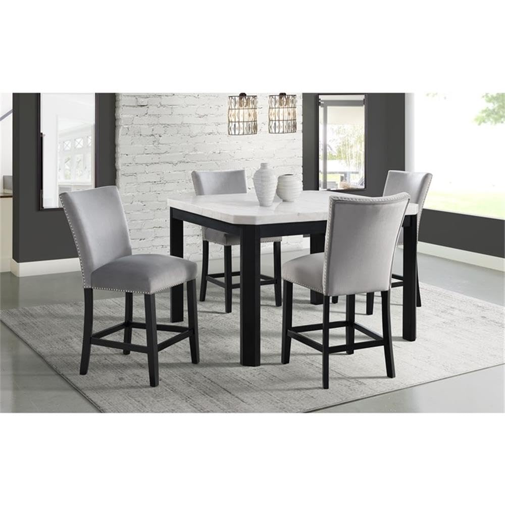 Pemberly Row Marble 5 Piece Counter Height Dining Set in Gray, Espresso Wooden Frame and Legs with Velvet Grey and Silver Tufted Chairs, Faux Off White/Grey Marble Table Top and Espresso Wooden Legs