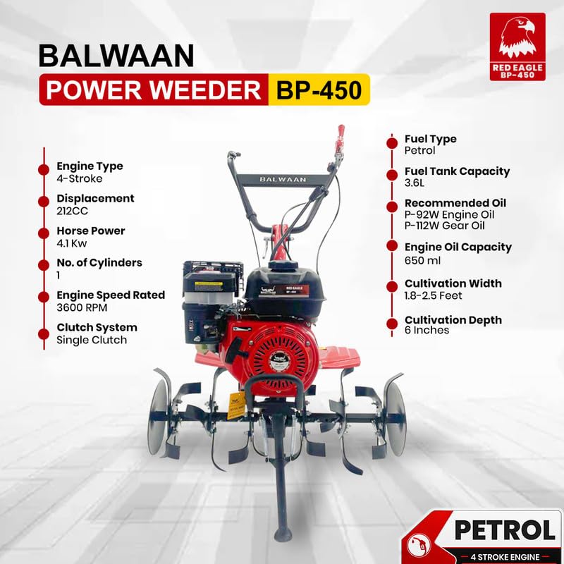 Image of Balwaan Krishi Power Weeder with 212 CC 4-Stroke Petrol Engine (Red&Black) | for Inter-Weeding in Hilly Regions with 24 Blades, 30 inch Width & 10 inch Cultivation Depth, Lightweight & Easy Handling | BP-450