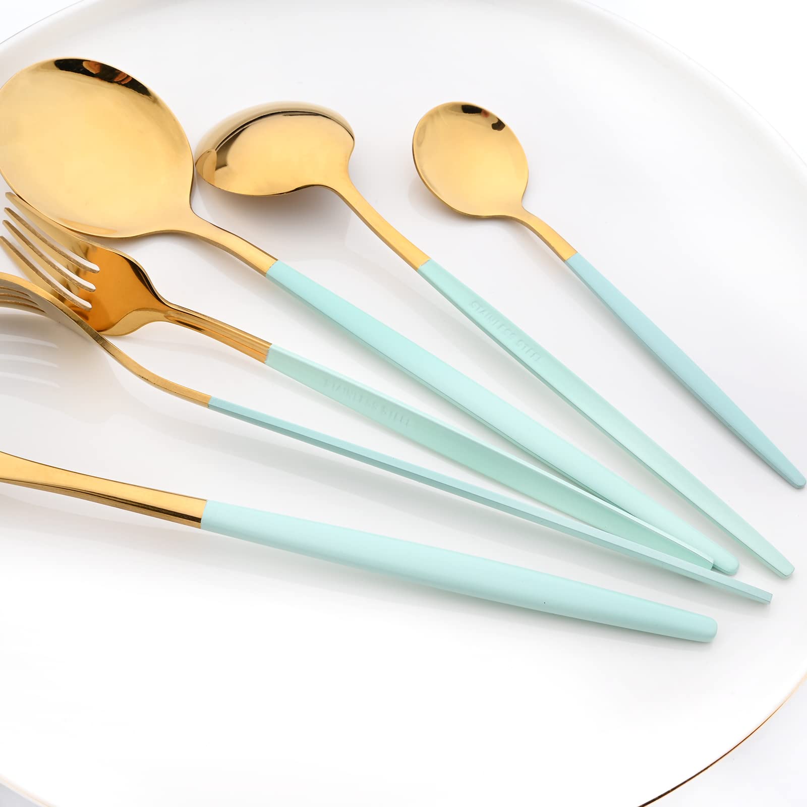 Snplowum 8-Piece Mint Gold Dessert Spoon, 7.28 Inch Spoon Set, Food Grade Stainless Steel Spoon For Dessert Tea Stirring, Mirror Polish