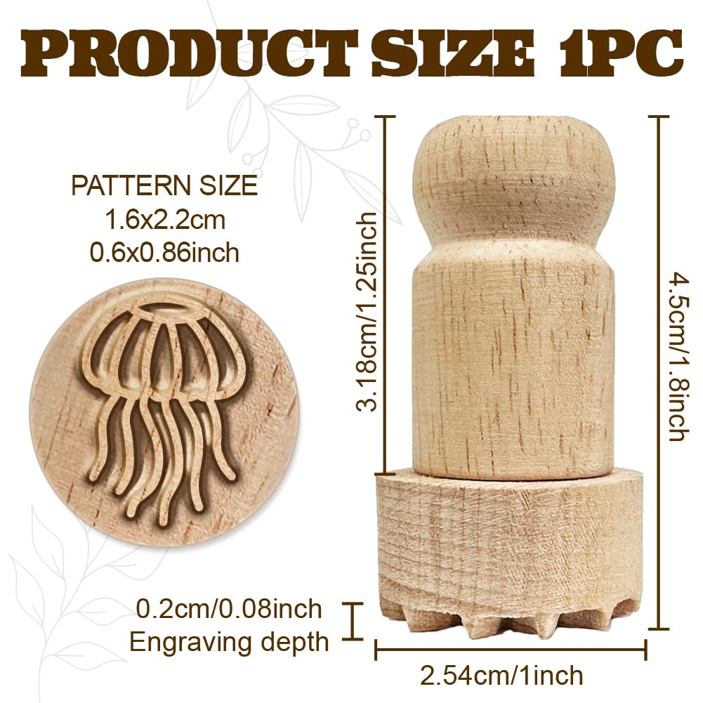 OLYCRAFT Wood Stamps with Handle 4.3x2.3cm Jellyfish Round Stamp Wooden Pottery Stamps for Card Making DIY Craft Letter Diary and Scrapbooking - Image 2
