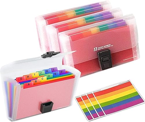Paquete de 4 organizadores de archivos de acordeón pequeños con 13 bolsillos, tamaño A6, aspecto colorido y elegante, hecho de plástico de