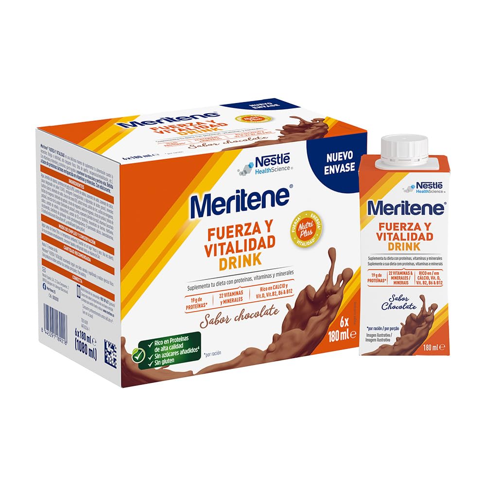 Meritene, Fuerza y Vitalidad Drink, Sabor Chocolate, Listo para Tomar, Fuerza para tus Músculos, Vitalidad para ti, Batido con Proteínas, Vitaminas y Minerales, 6 Unidades, 180 ml