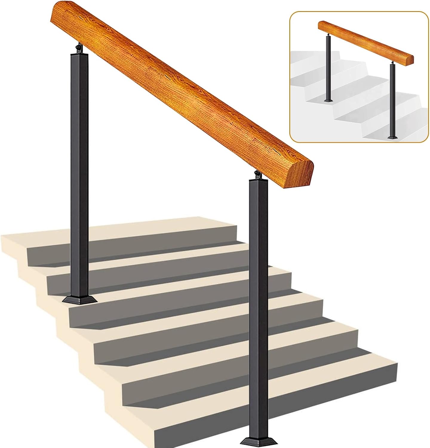 DMCHENGMA 5Steps Handrails for Outdoor Steps, Solid Wood Handrail Fits