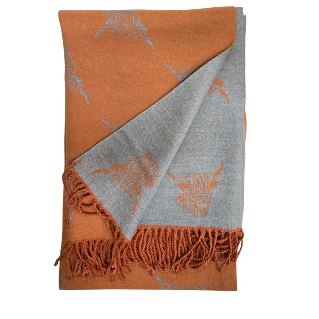 Love EMVY Cashmere Highand Cow Blanket Scarf – Reversible Winter Shawl, Oversized Pashmina Wrap, Warm Chunky Knit Scarf for Women – 180 × 65 cm (Orange)