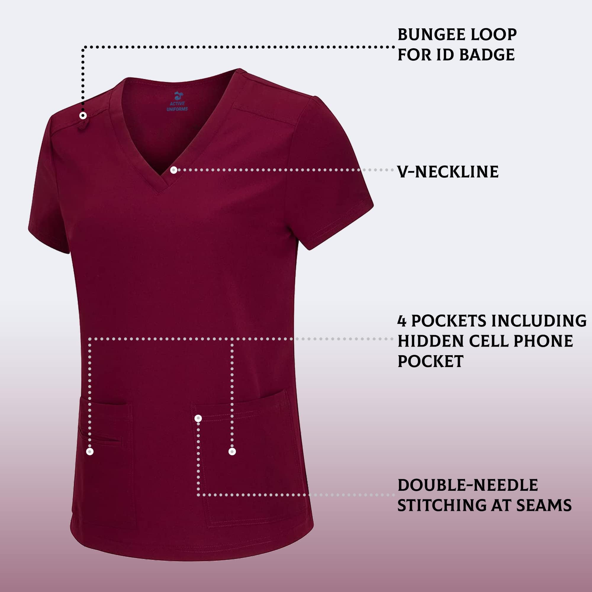 ACTIVE UNIFORMS Women's V-Neck Petite Size Scrub Set Cool Stretch Scrub Top and Cargo Pant Set (Burgundy, Large-Petite)