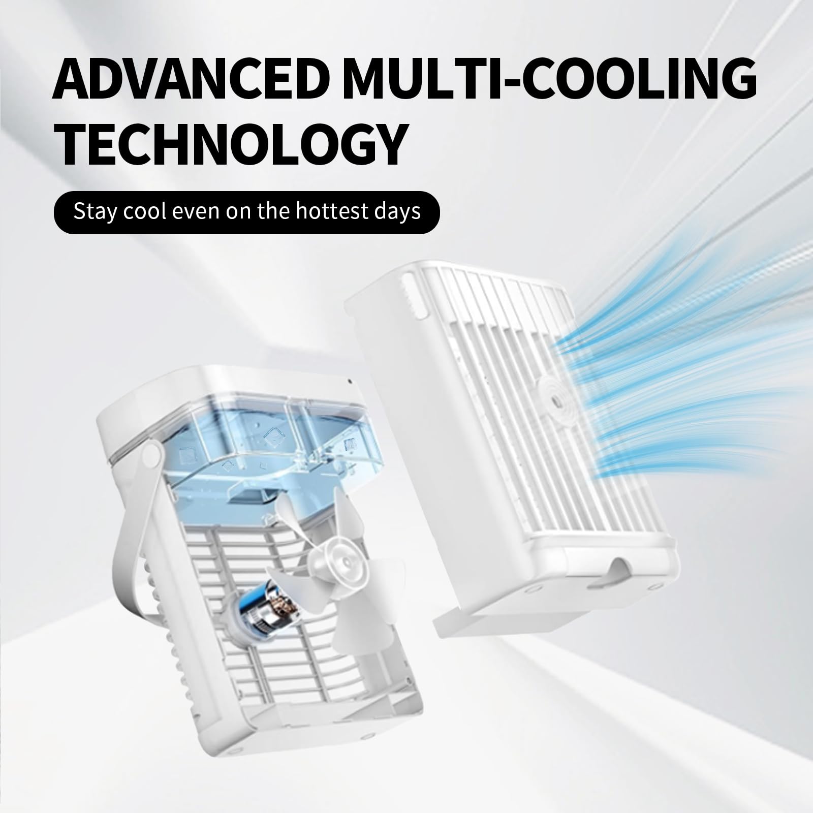 Aire acondicionado portátil, mini enfriador 4 en 1 con refrigeración rápida, función de niebla, luz LED, 3 velocidades y temporizador, ventilador USB silencioso para uso en verano