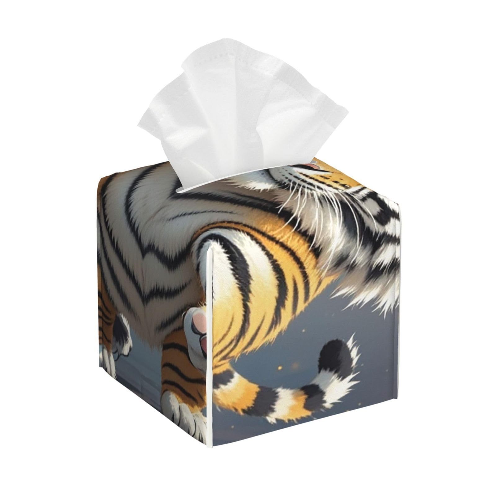 Pu Leather Cube Tissue Box Holders Modern Waterproof Square Tissue Box Cover Tiger Head with Raised Paws Facial Paper Holder for Bathroom Kitchen Nightstand Office Home Decor