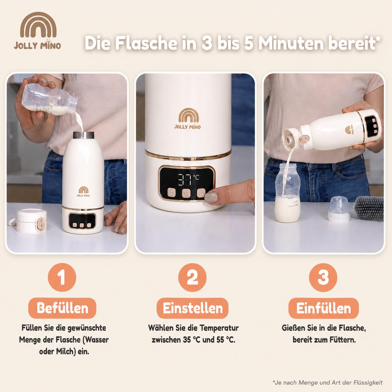 Flaschenwärmer Baby Unterwegs Tragbar Kabellos 500ml, Muttermilch & Wasser, Reise Auto Nacht, Silikonbürste Inklusive