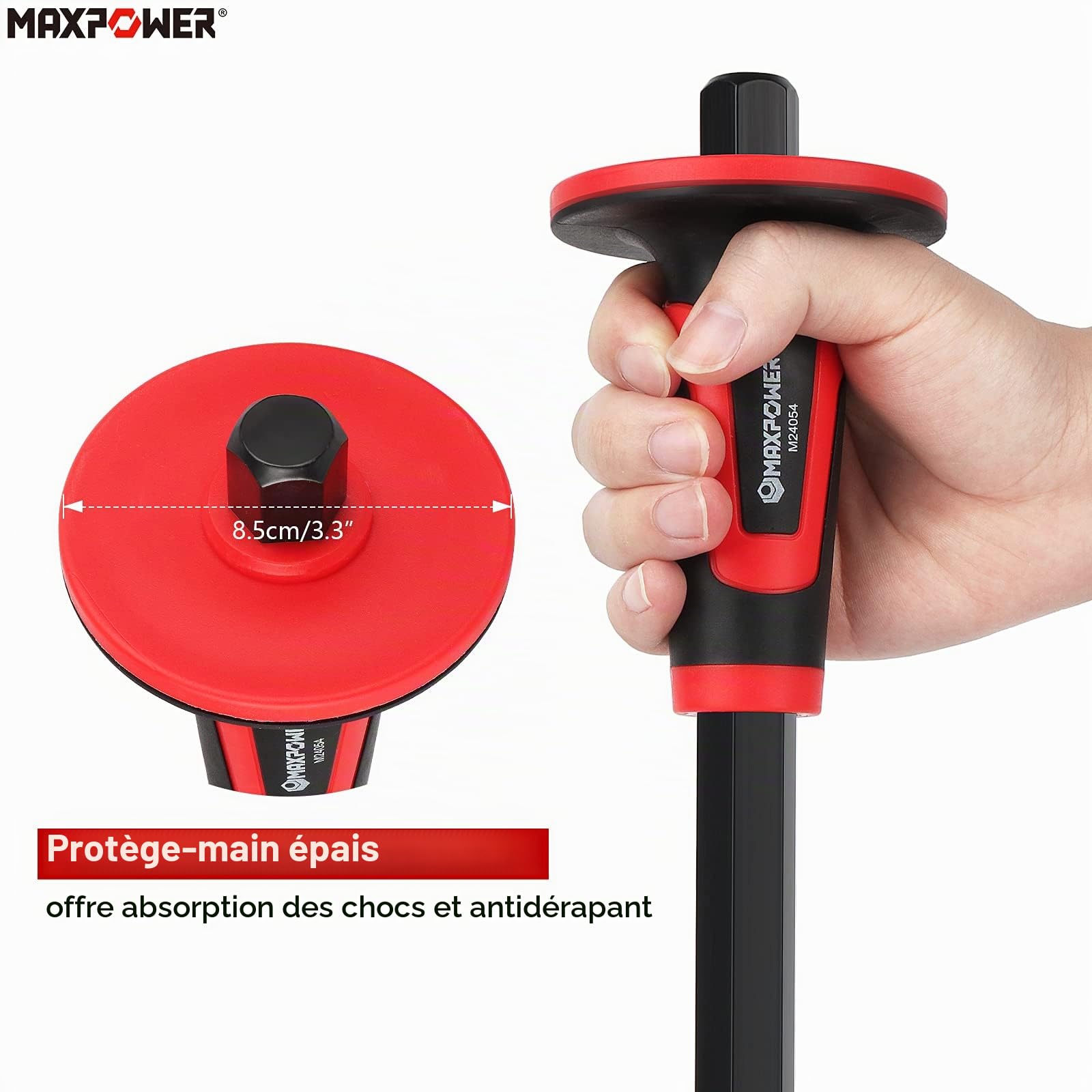 MAXPOWER Burin 3 Pièces Professionnel - Burin de Maçon Plat 300mm et 220mm, ciseau à froid de 300 mm - Poignée Bi Matière pour Plus de Confort - Protège Main