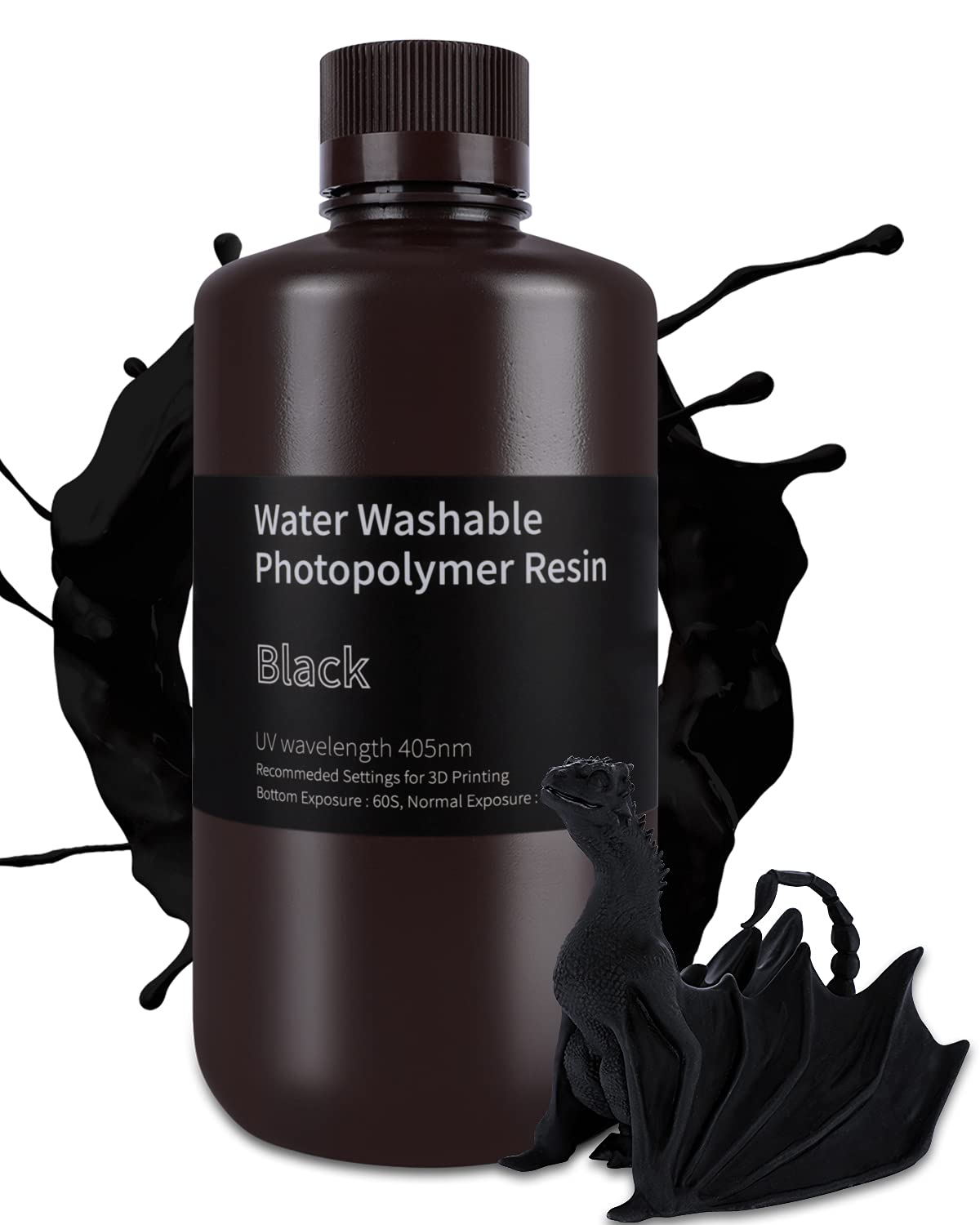 ELEGOO Resina Lavable al Agua Negro 1KG, Resina UV 405nm Curado Rápido Resina Fotopolímero para Impresora 3D/LCD/DLP Carbonfree Certified