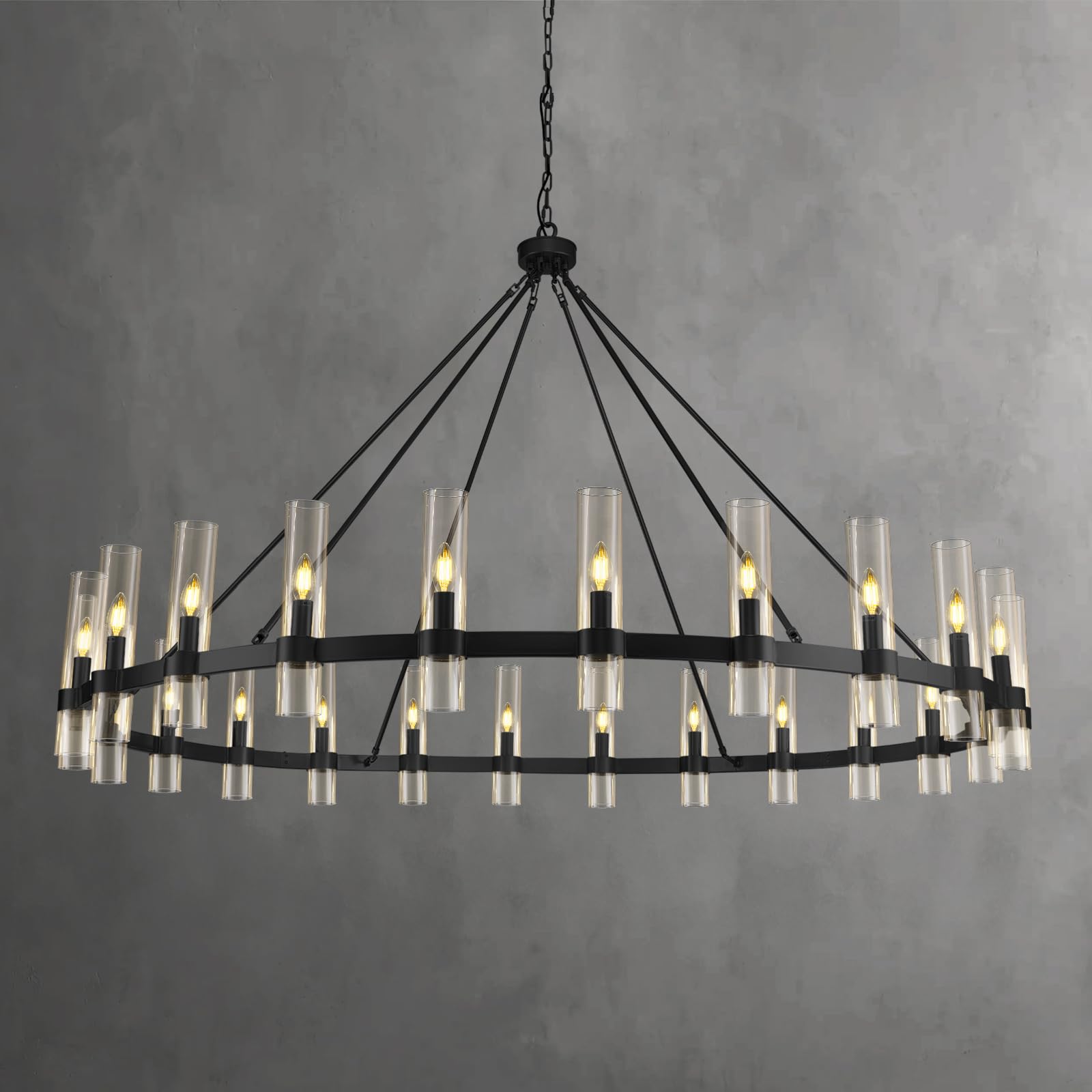 Black Wagon Wheel Chandelier 70 Inch, Large Chandeliers for High Ceilings, 24-Light Chandelier with Glass Shade, Modern Farmhouse Chandeliers for