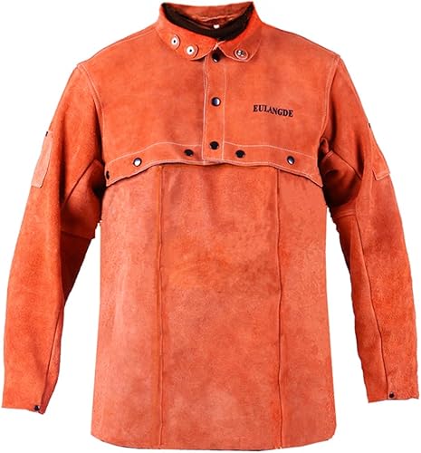 Chaqueta de soldadura de cuero, resistente al fuego, delantal de soldadura resistente con manga, puños ajustables, cuello ajustable
