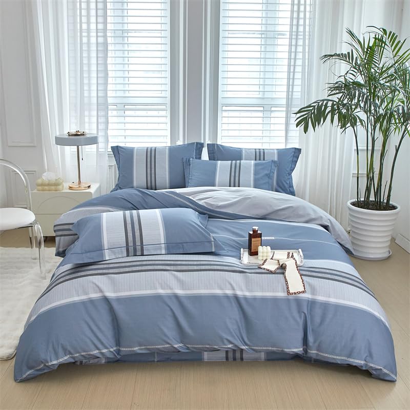 Housse de Couette Floral 3 Pièces 280 x 240 cm avec 2 Taies d'oreiller 65x65 cm Rayures Bleues Motifs Parure de Lit 280 x 240 cm Douce Respirable Microfibre