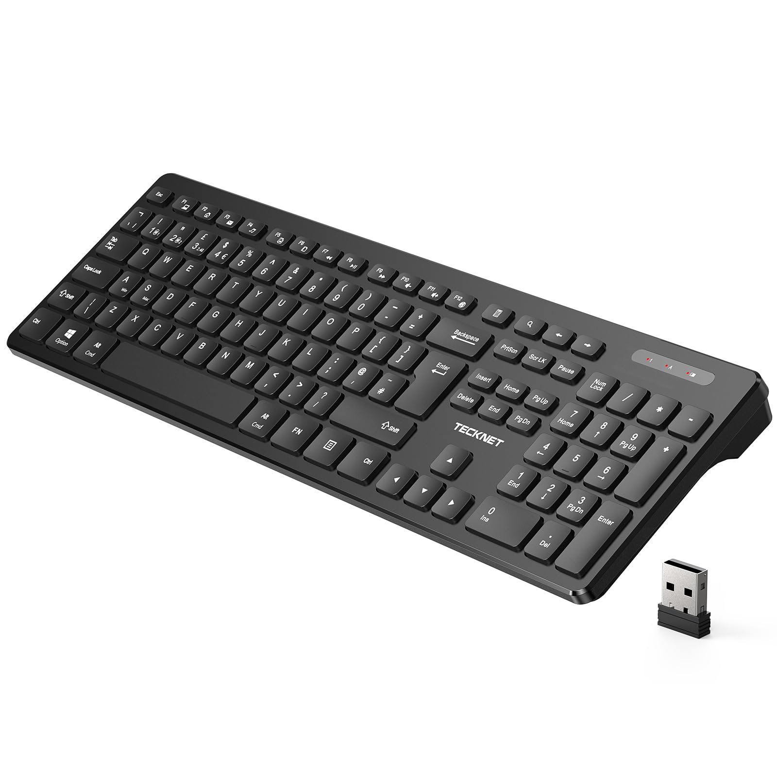 TECKNET Wireless Keyboard, 2.4G USB and Bluetooth Keyboard UK Layout, Full Size Ergonomic Keyboards for Office Home Laptop Computer Tablet Desktop with 105 Days Standby Time, Black-image-4