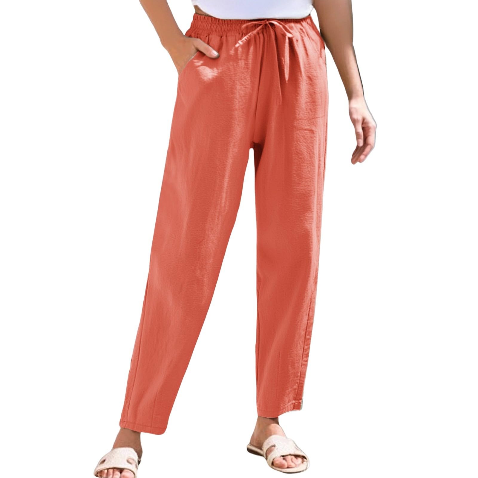 NBXNZWF Women's Cotton Linen Straight Leg Pants Elastic Drawstring Casual Trousers Summer Beach Lounge Pants with Pockets