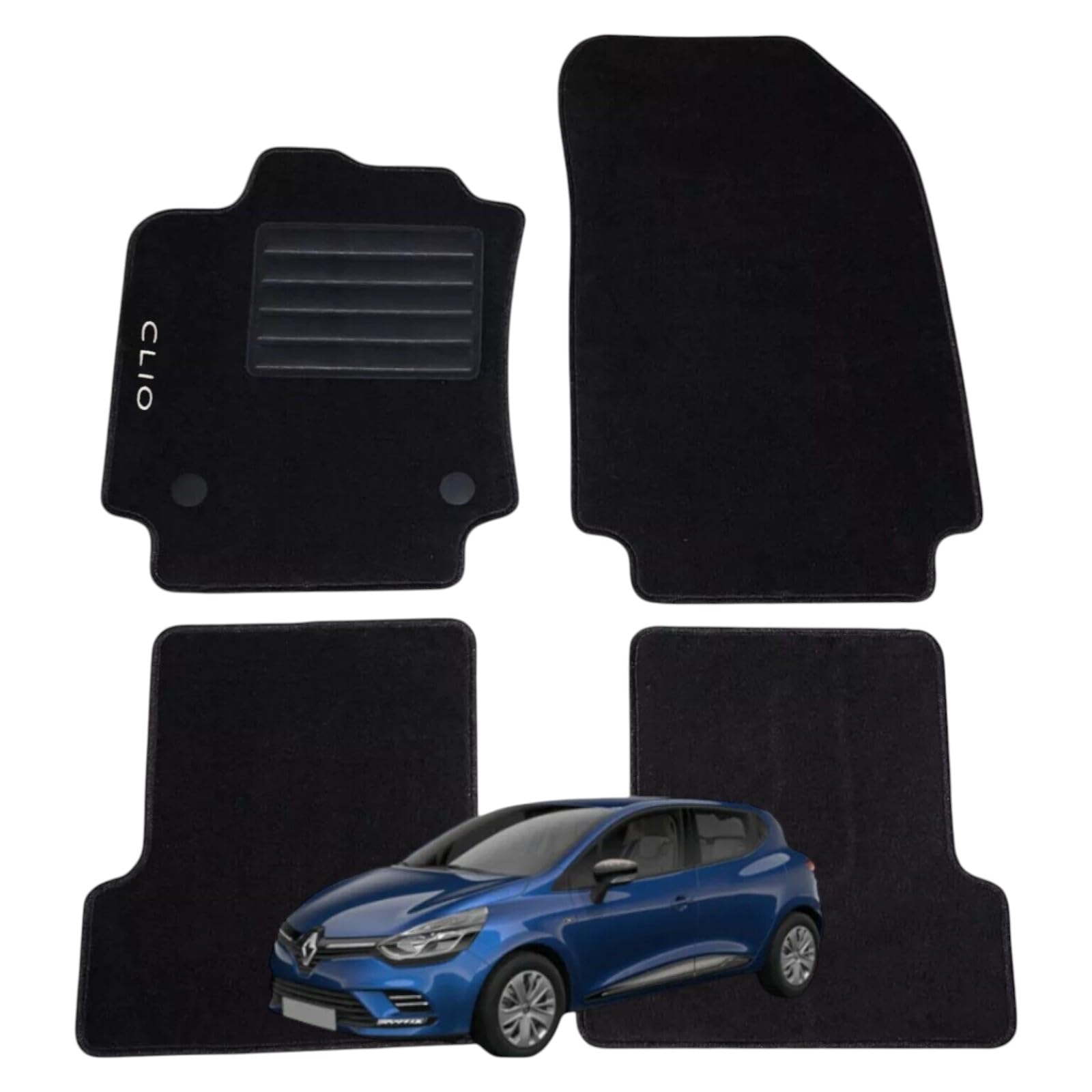 Set 4 Tappeti in Moquette Adatti per CLIO IV 2012-2019 con 2 Attacchi - Compatibli NON Originali, con Bottoni di Fissaggio, con Battitacco cucito e antiscivolo
