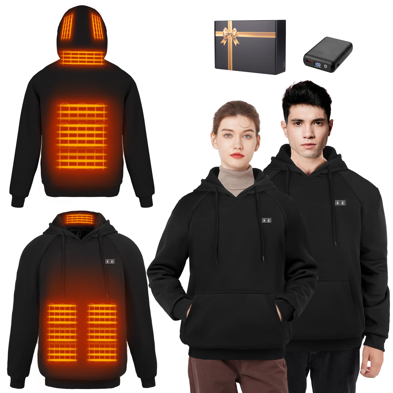 Qdreclod Beheizbarer Hoodie Herren Damen mit 16000 mAh Akku 6 Heizzonen 3-Temperaturstufen Beheizter Kapuzenpullover Elektrische Heizjacke für Camping Wandern Jagd, Sweatshirts