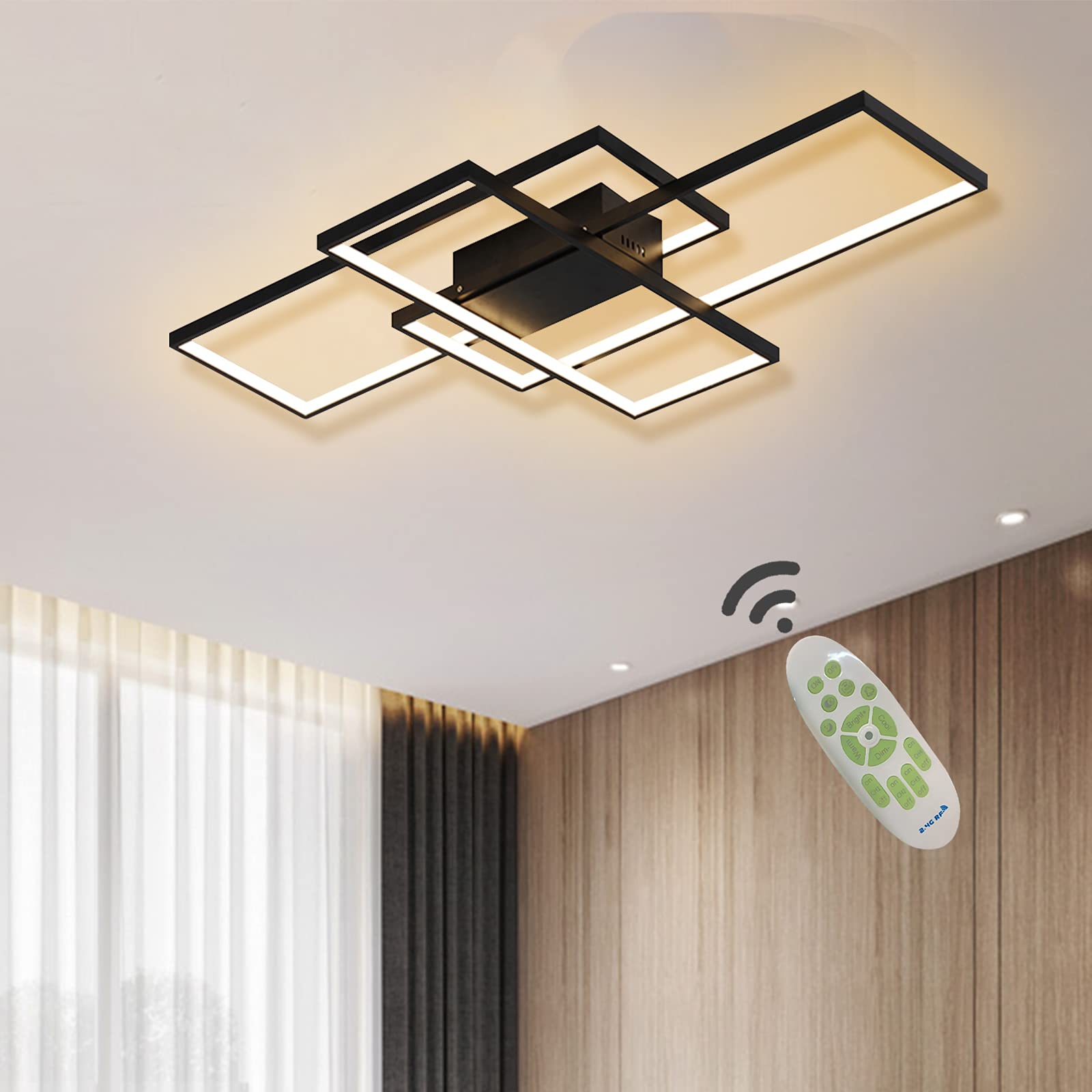 JIINOO Dimmable Ceiling Light, Black Modern LED Flush Mount Ceiling Lighting Fixture 3-Layer Rectangle Chandelier Acrylic Squre Ceiling Lamp with Remote Control for Living Room Bedroom Study