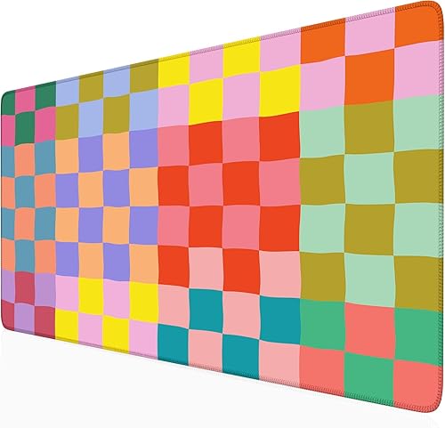 Miniatura 22 de Alfombrilla de escritorio con diseño de cuadros boho beige y rosa XXL, alfombrilla de mouse de estilo retro en tonos pastel con bordes cosidos, A6