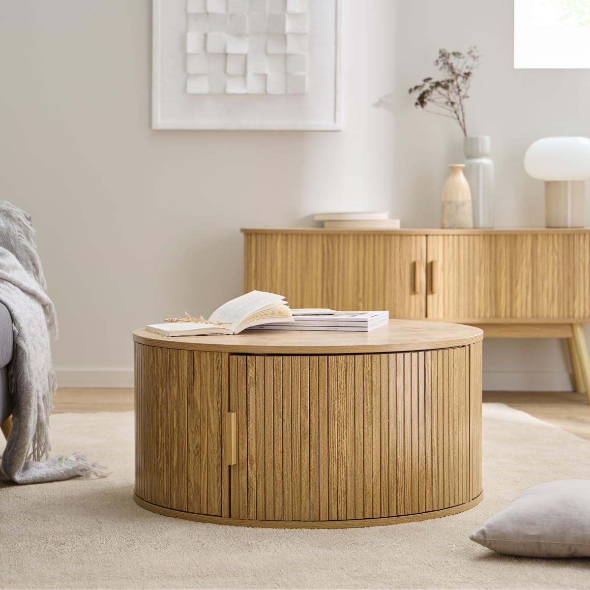Calicosy – Mesa de centro redonda con almacenamiento D75 cm – Colección Ernest – Diseño vintage y práctico – Mueble de salón elegante de MDF