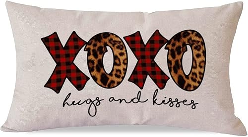 Fundas de almohada decorativas de 12 x 20 pulgadas de algodón y lino con estampado de leopardo XOXO para el día de San Valentín para el sofá el día