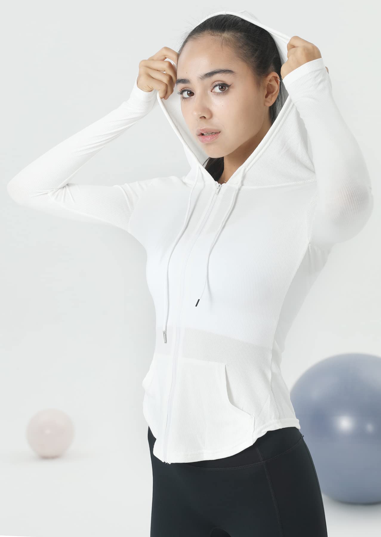 Veste de Yoga à Capuche Femme Veste de Sport Mince à Manches Longues Veste avec Poches de Course Fitness Veste de Alpinisme Vert Noir Blanc Rose