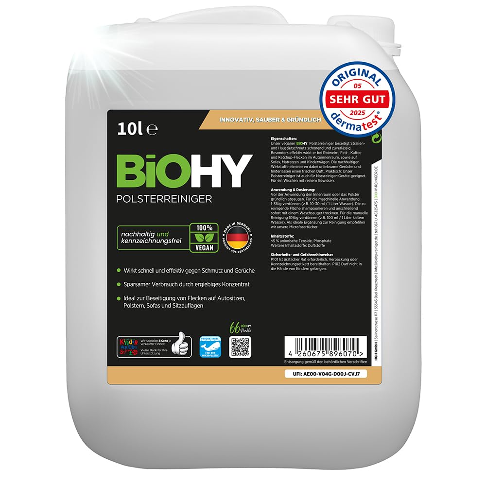 BiOHY Spezial Polsterreiniger (10 Liter Kanister) | Konzentrat für Sofas, Polstermöbel, Teppiche & Textilien | für Nasssauger & Waschsauger | Fleckentferner | effektiver Textilerfrischer