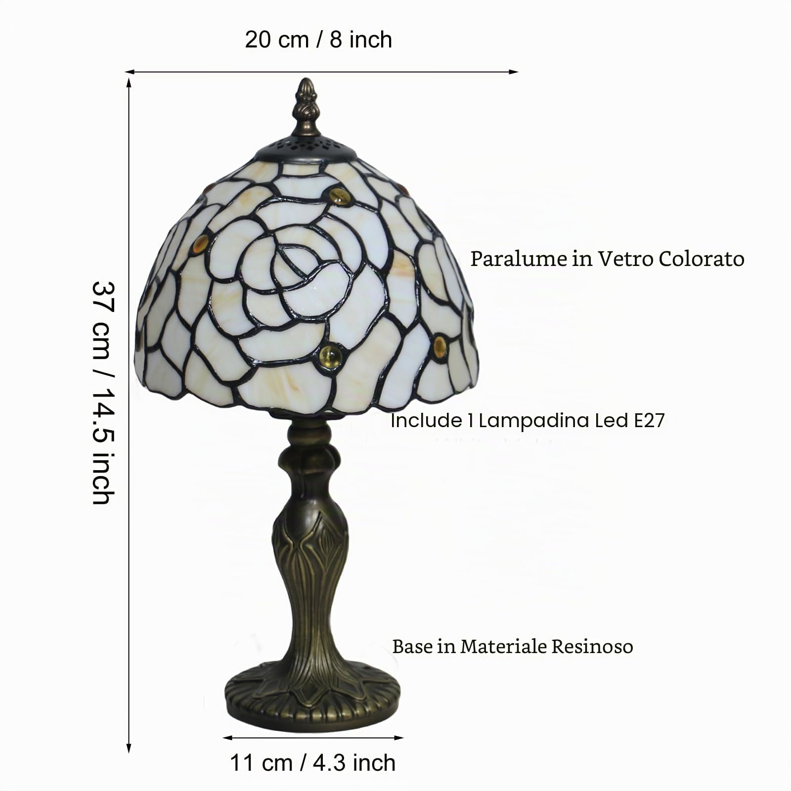 Lampada Tiffany da Tavolo con Paralume in Vetro Colorato per Soggiorno, Camera da Letto, Studio e Tavolino da Caffè