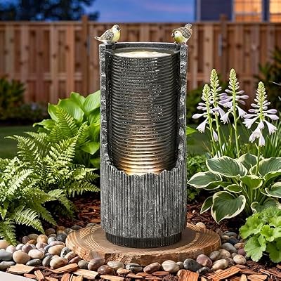 Ultym 32" H Rustic Cracked Jar Water Fountain Outdoor with LED Lights, Polyresin Freestanding Waterfall Feature, Decorative Bird Accents, Tranquil Oasis for Garden, Patio, Yard, or Porch