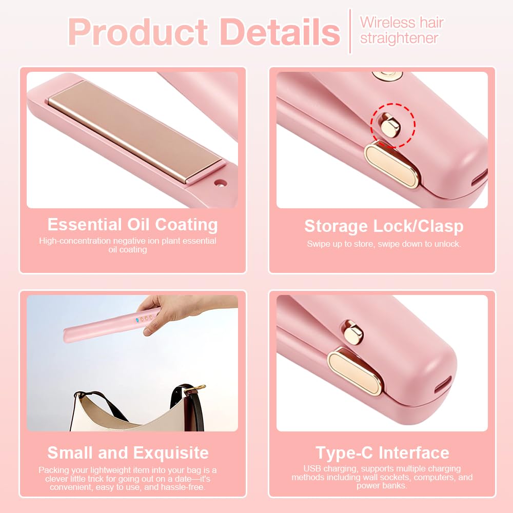 2 In 1 Mini Glätteisen Kabellos und Lockenstab, Hair Straightener, 4 Temperaturen, Wiederaufladbare Glätte, Mini Haarglätter für Langes, Kurze Haare, Glätten, Wellen, Locken Nach Innen (Rosa)