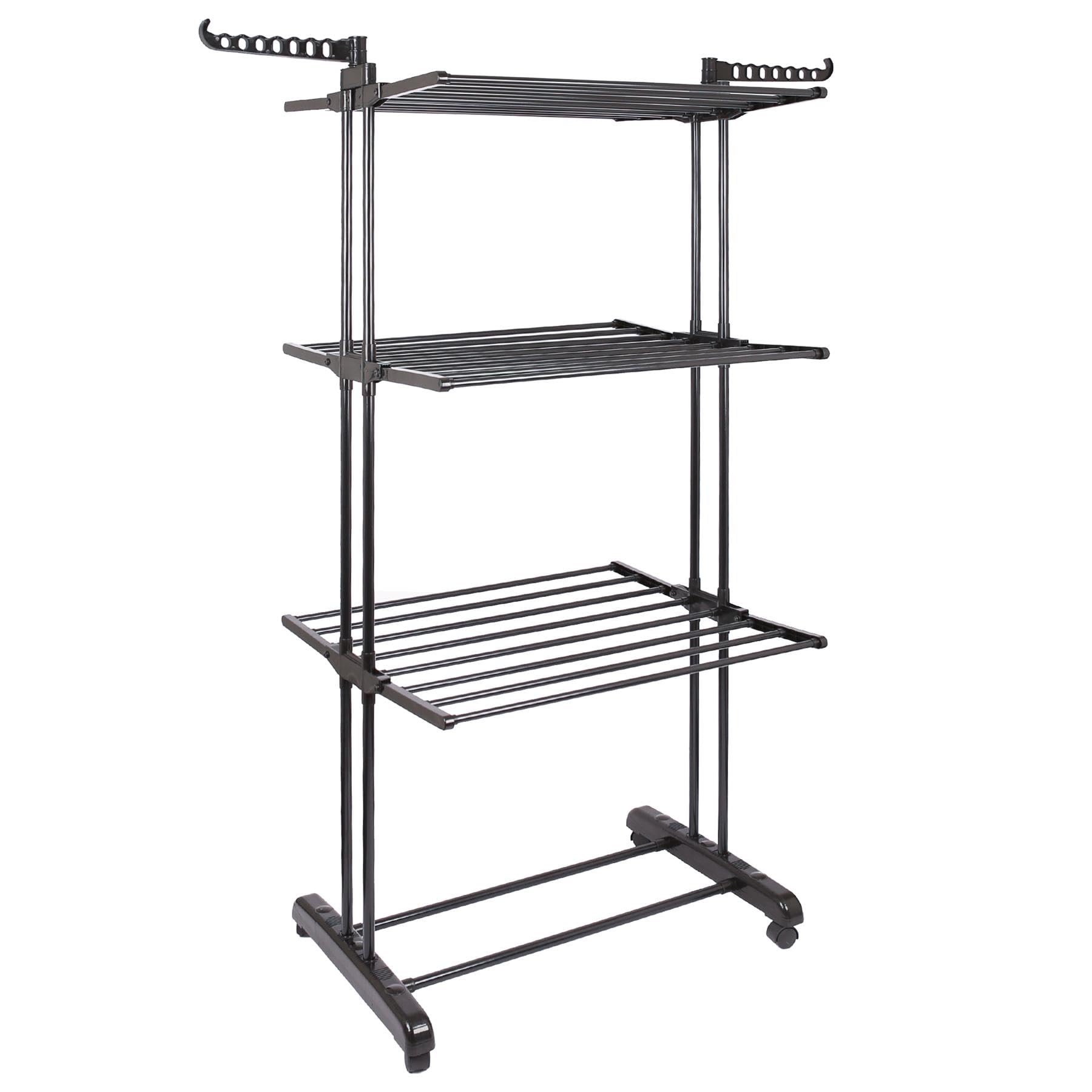 Harbour Housewares Folding Metal Wheeled Clothes Airer - 4-Tier - Black, Compact Foldable Laundry Rack, Shoe Rack & Hanger Hooks, Durable Powder-Coated Steel