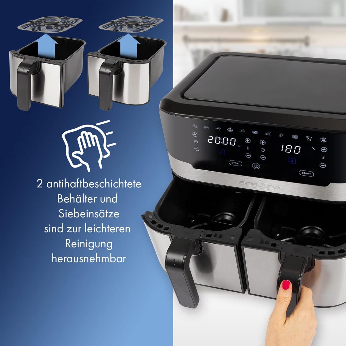 Profi Cook, PC-FR1242, Doppia friggitrice ad Aria Calda con Schermo Touch, 2 Zone di Cottura indipendenti, capacità: 2 x 4,5 Litri = 9,0 Litri, 9 programmi Automatici, Acciaio Inossidabile Profi Cook, PC-FR1242, Doppia friggitrice ad Aria Calda con Schermo Touch, 2 Zone di Cottura indipendenti, capacità: 2 x 4,5 Litri = 9,0 Litri, 9 programmi Automatici, Acciaio Inossidabile