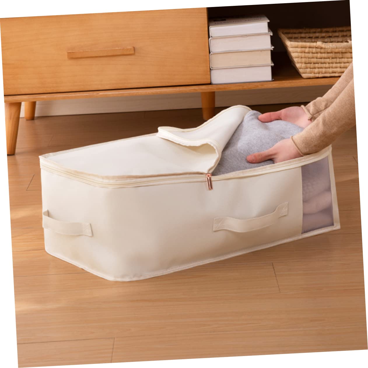 VICASKY Contenitore Pieghevole Sottoletto per Coperte Beige Grande | Oxford Cloth, Rete in Nylon e Pe, Apertura Zip, Facile da Spostare, per Vestiti e Giocattoli