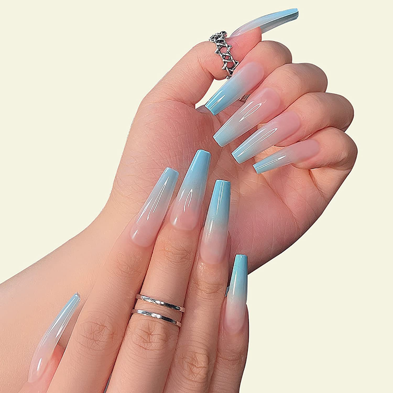 Amazon.com: 24 Pcs Fake Nails Coffin Long Press on Nails with Design  Ballerina Acrylic False Nails Design Full Cover Artificial Nails with Jelly  Glue Tool(Gradient blue) : Beauty & Personal Care
