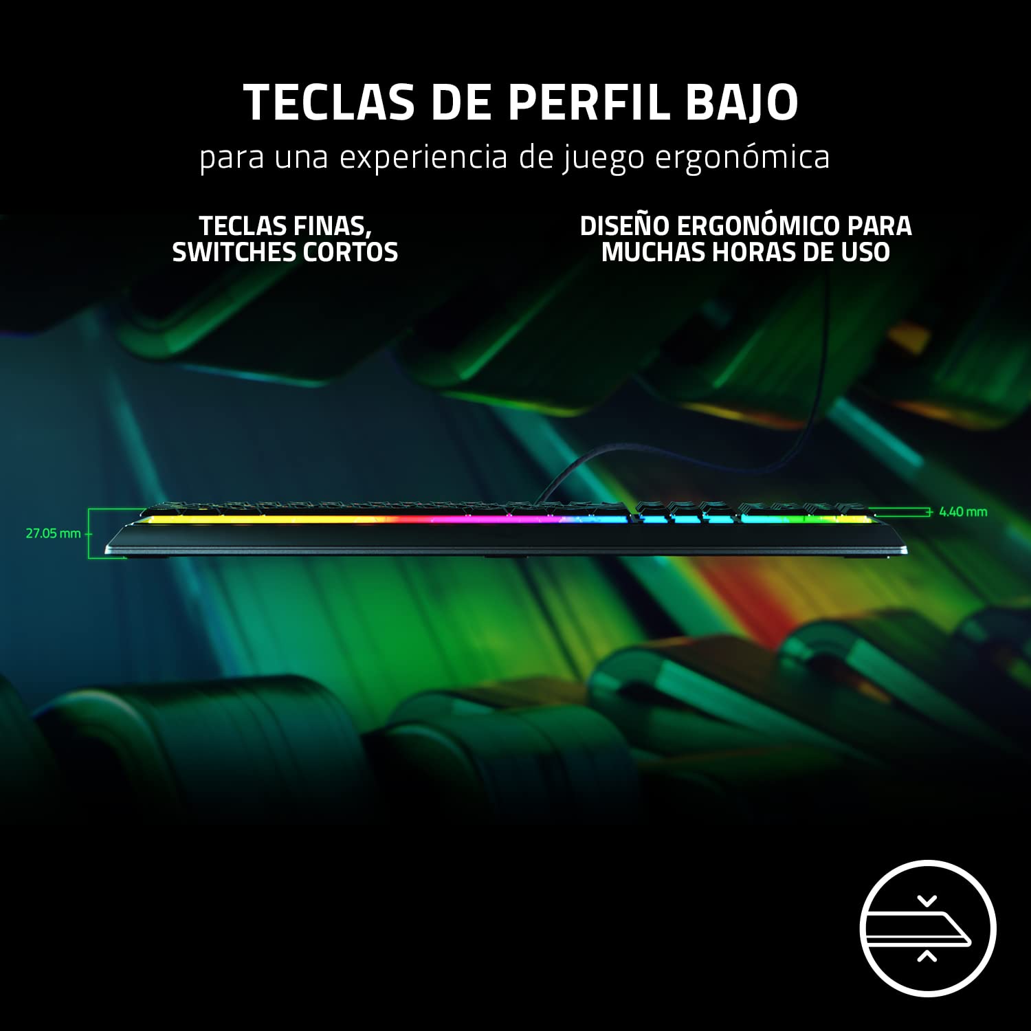 Razer Ornata V3 - Teclado para Juegos de Perfil Bajo (Interruptor Híbrido de Membrana Mecha, Teclas Recubiertas de UV, Reposamuñecas Magnético Suave al Tacto, RGB Chroma) QWERTY Teclado ES | Negro