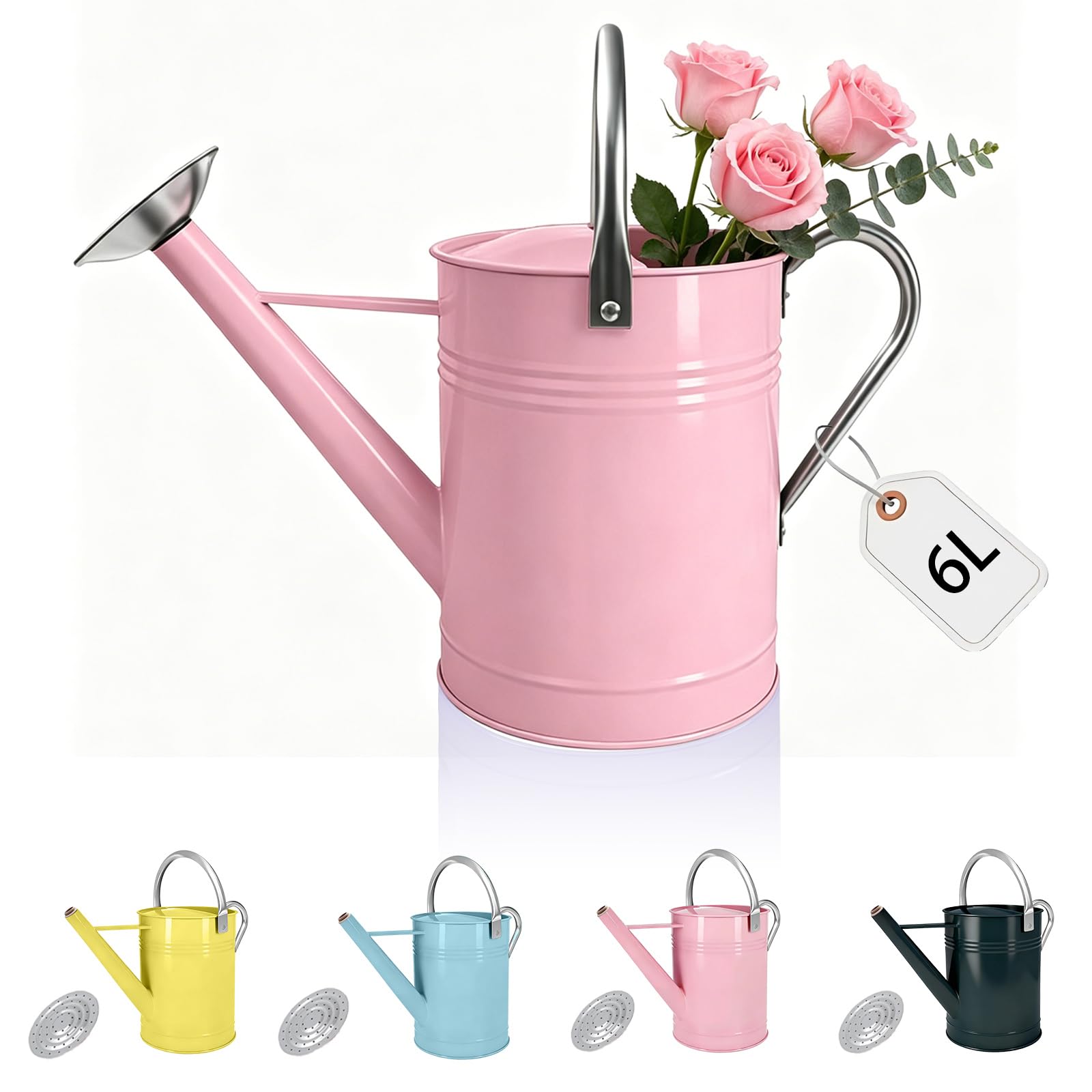6L Pink Galvanized Watering Can for Outdoor with Long Neck & Removable Watering Can Rose, Rustic Vintage Style Metal Watering Can for Garden Plant Decor