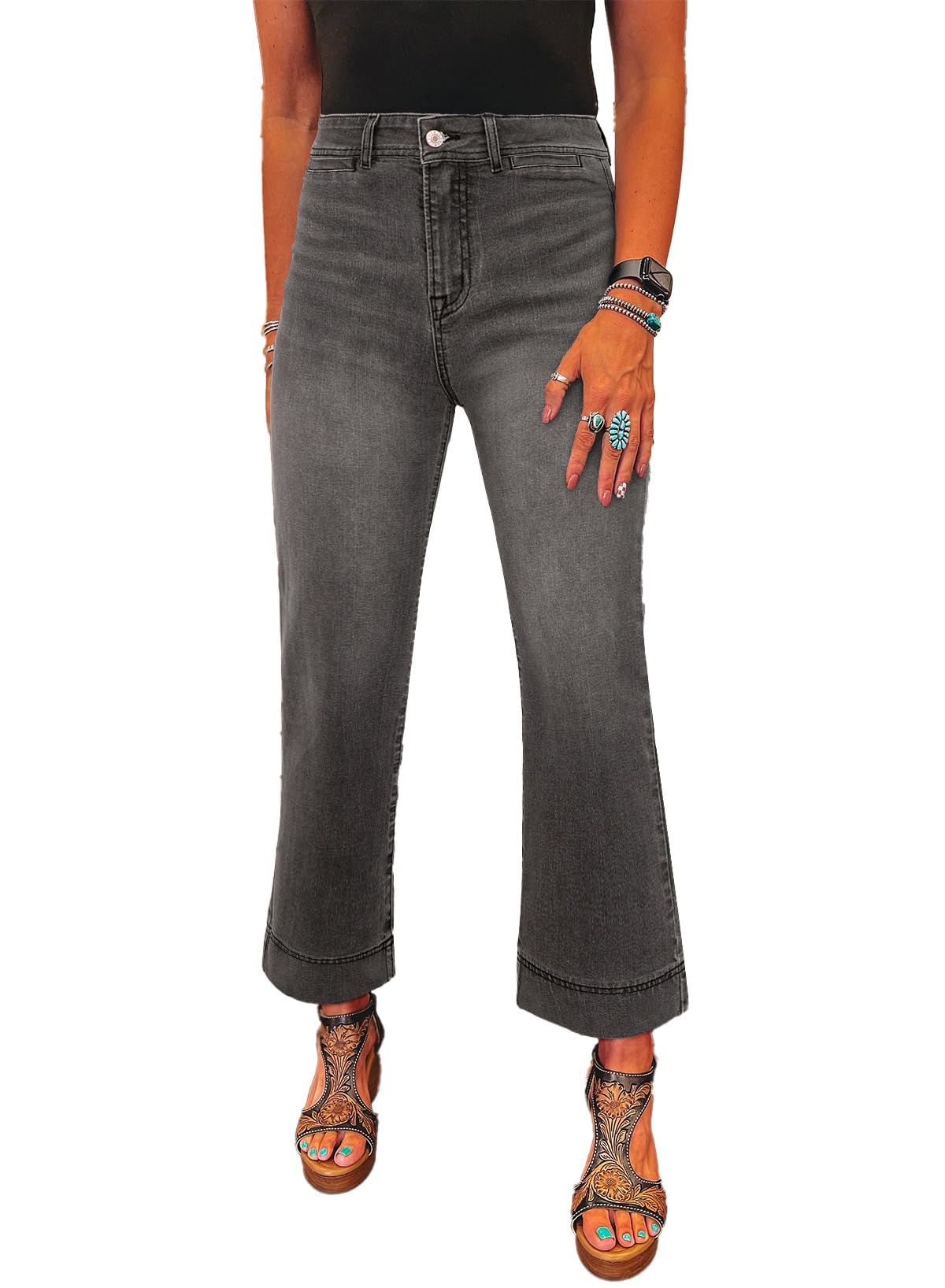 SHEWIN Women Wide Leg Jeans High Waisted Stretch Denim Pants Inseam 25-26 inch