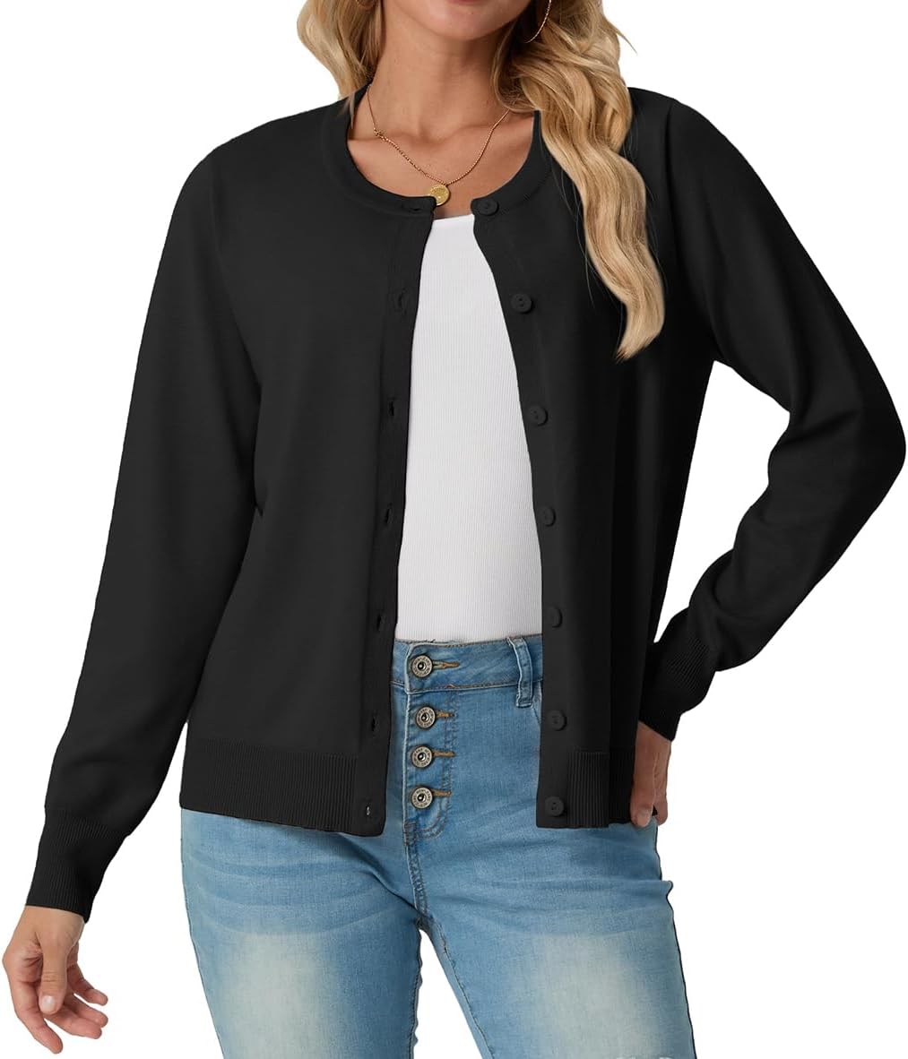 GRECERELLE Women's Lightweight Button Down Long Sleeve Crewneck Cardigan Sweater - Image 2