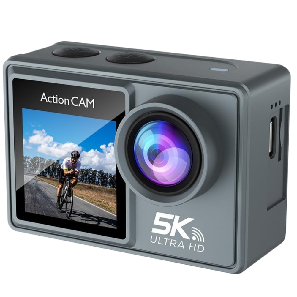 MEIION kersens Camara accion Doble Pantalla Tarjeta de Memoria de 32 GB, 48MP WiFi, 170° Gran Angular Full HD EIS, 30m Impermeable para Bicicleta, Buceo y Moto
