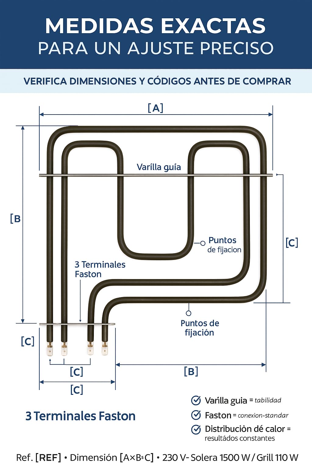 RECAMBIOS DREYMA Resistencia Solera y Grill Horno 1500W 1100W 230V Tubular Acero Montaje Faston Barra Guia Calor Uniforme Instalacion Rapida Compatible con TEKA BOSCH BALAY Repuesto Solido